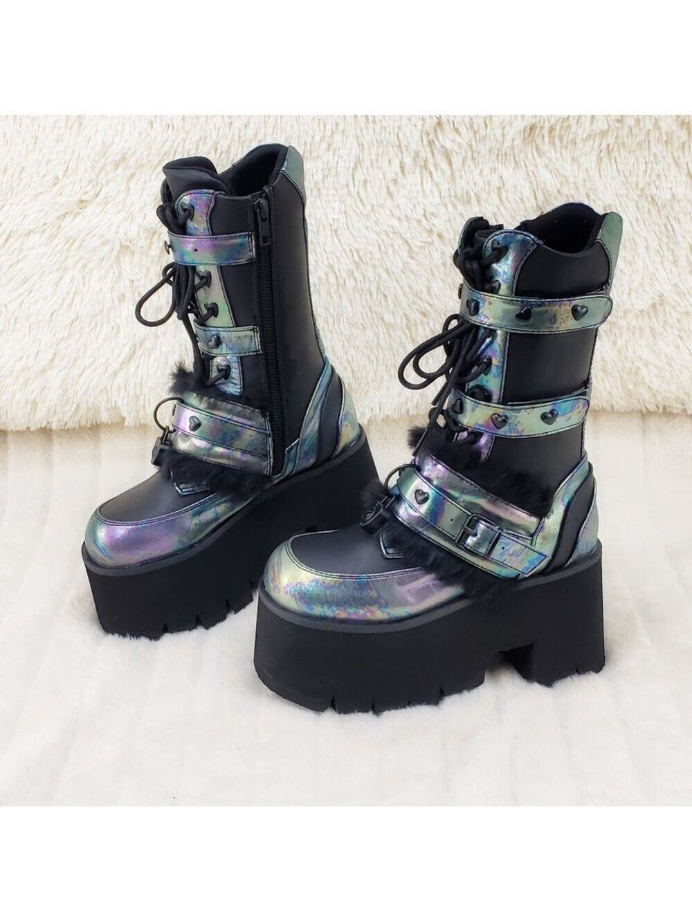 Ash Goth Punk Furry Mid Calf Platform Boots - Picture 2 of 15